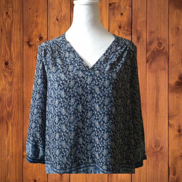 DALIA WOMEN'S SMALL 3/4 LENGTH SLEEVE FLORAL BLOUSE PULLOVER BOHO HIPPIE BLUE - Picture 2 of 5